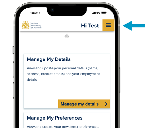 Member portal mobile screen with arrow pointing to menu in top right corner